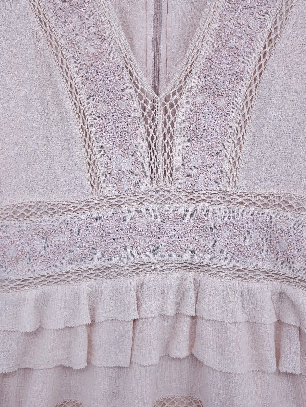 Love Sam Beaded Embroidered Boho Mini Dress Blush Lace Tiered Ruffle M - Picture 7 of 16